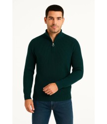 Erkek Yarım Fermuarlı Triko Kazak – Selanik Örgü, Dik Yaka, Pamuklu Dokuma, Regular Fit Uzun Kollu Kışlık Model - Haki