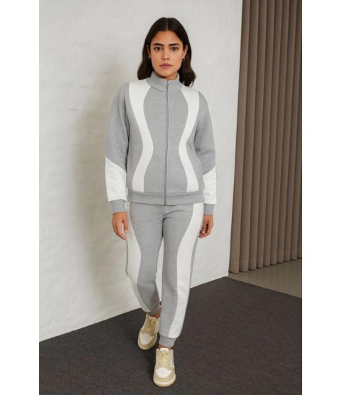 Premium Parçalı Eşofman Takım - Dik Yaka Fermuarlı Sweatshirt - Gri