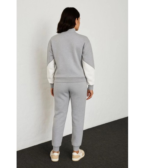 Premium Parçalı Eşofman Takım - Dik Yaka Fermuarlı Sweatshirt - Gri