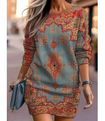 Kadın Uzun Kollu Yuvarlak Yaka Desenli Mini Modal Elbise