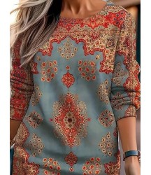Kadın Uzun Kollu Yuvarlak Yaka Desenli Mini Modal Elbise