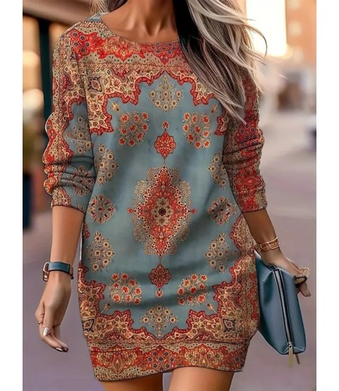Kadın Uzun Kollu Yuvarlak Yaka Desenli Mini Modal Elbise