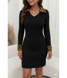 Kadın Uzun Kollu V Yakalı Kürk Detaylı Kaşkorse Elbise