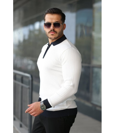 Erkek Kol Ve Yaka Detaylı Uzun Kollu Triko