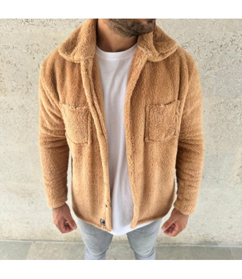 Erkek Pelüş Polar Hırka Gömlek – Yakalı, İlik Düğmeli, Göğüs Cepli, Yumuşak Dokulu Kışlık Regular Fit Rahat Günlük Model - Açık Kahve
