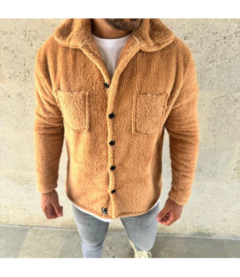 Erkek Pelüş Polar Hırka Gömlek – Yakalı, İlik Düğmeli, Göğüs Cepli, Yumuşak Dokulu Kışlık Regular Fit Rahat Günlük Model - Açık Kahve
