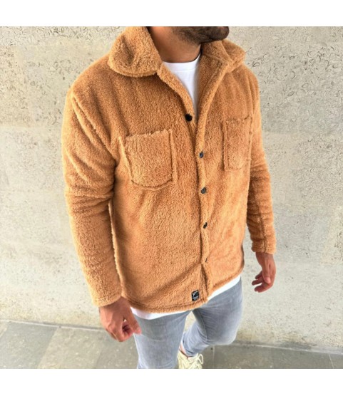 Erkek Pelüş Polar Hırka Gömlek – Yakalı, İlik Düğmeli, Göğüs Cepli, Yumuşak Dokulu Kışlık Regular Fit Rahat Günlük Model - Açık Kahve