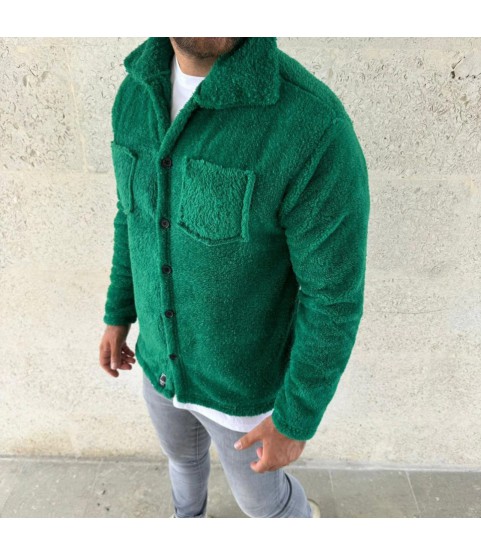 Erkek Pelüş Polar Hırka Gömlek – Yakalı, İlik Düğmeli, Göğüs Cepli, Yumuşak Dokulu Kışlık Regular Fit Rahat Günlük Model - Çimen Yeşili