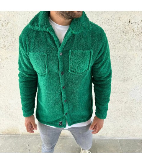 Erkek Pelüş Polar Hırka Gömlek – Yakalı, İlik Düğmeli, Göğüs Cepli, Yumuşak Dokulu Kışlık Regular Fit Rahat Günlük Model - Çimen Yeşili