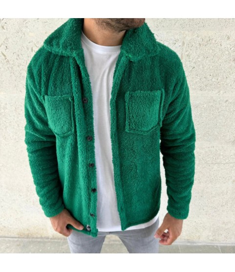 Erkek Pelüş Polar Hırka Gömlek – Yakalı, İlik Düğmeli, Göğüs Cepli, Yumuşak Dokulu Kışlık Regular Fit Rahat Günlük Model - Çimen Yeşili