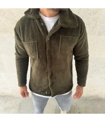 Erkek Pelüş Polar Hırka Gömlek – Yakalı, İlik Düğmeli, Göğüs Cepli, Yumuşak Dokulu Kışlık Regular Fit Rahat Günlük Model - Haki