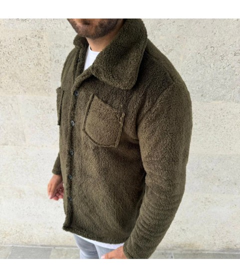 Erkek Pelüş Polar Hırka Gömlek – Yakalı, İlik Düğmeli, Göğüs Cepli, Yumuşak Dokulu Kışlık Regular Fit Rahat Günlük Model - Haki