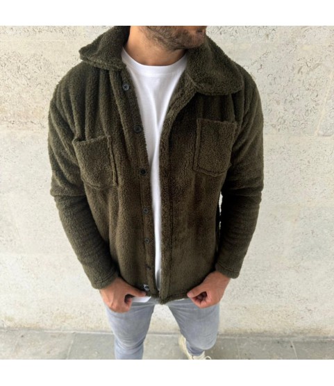 Erkek Pelüş Polar Hırka Gömlek – Yakalı, İlik Düğmeli, Göğüs Cepli, Yumuşak Dokulu Kışlık Regular Fit Rahat Günlük Model - Haki