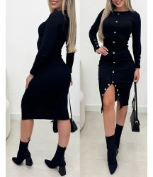 Kadın Uzun Kollu Yırtmaçlı Düğme Detaylı Midi Kaşkorse Elbise