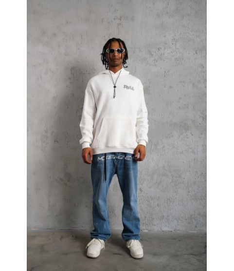 Erkek Oversize Üç İplik Kapüşonlu Sweat – Kol Ve Etek Ribana Detaylı, Ön Ve Sırt Baskılı, Kanguru Cepli Rahat Kalıp Model - Beyaz Erkek Oversize Üç İplik Kapüşonlu Sweat – Kol Ve Etek Ribana Detaylı, Ön Ve Sırt Baskılı, Kanguru Cepli Rahat Kalıp Model - Beyaz