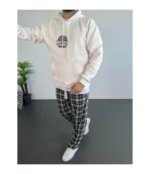 Erkek Oversize Üç İplik Kapüşonlu Sweatshirt – Beyaz Ön Baskılı, Kanguru Cepli, Rahat Kalıp, İçi Pamuklu Model