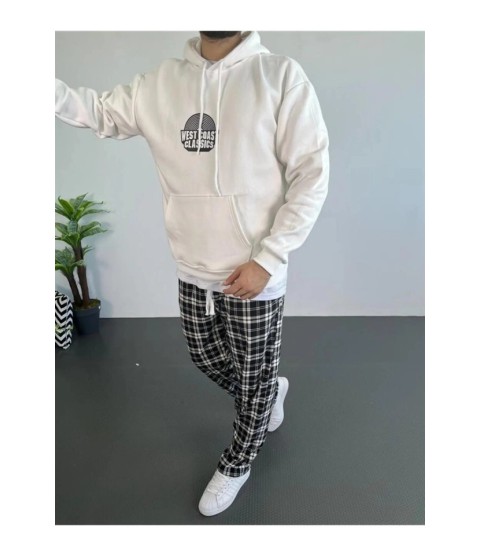 Erkek Oversize Üç İplik Kapüşonlu Sweatshirt – Beyaz Ön Baskılı, Kanguru Cepli, Rahat Kalıp, İçi Pamuklu Model