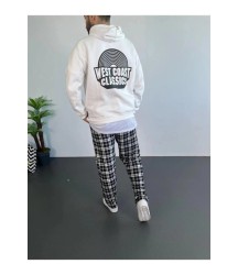 Erkek Oversize Üç İplik Kapüşonlu Sweatshirt – Beyaz Ön Baskılı, Kanguru Cepli, Rahat Kalıp, İçi Pamuklu Model