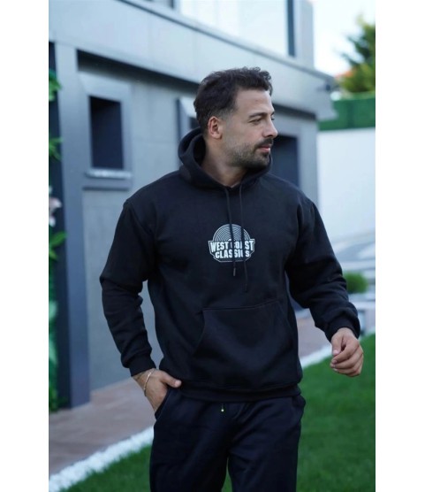 Erkek Oversize Üç İplik Kapüşonlu Sweatshirt – Siyah Sırt Ve Ön Baskılı, Kanguru Cepli, Rahat Kalıp, İçi Pamuklu ModeL-Siyah Erkek Oversize Üç İplik Kapüşonlu Sweatshirt – Siyah Sırt Ve Ön Baskılı, Kanguru Cepli, Rahat Kalıp, İçi Pamuklu ModeL-Siyah