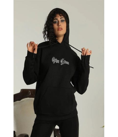 Oversize Üç İplik Kapüşonlu Sweatshirt – Siyah “Other Lives” Ön Ve Arka Baskılı, Şardonlu Kışlık, Rahat Günlük Model Siiyah