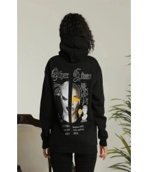Oversize Üç İplik Kapüşonlu Sweatshirt – Siyah “Other Lives” Ön Ve Arka Baskılı, Şardonlu Kışlık, Rahat Günlük Model Siiyah