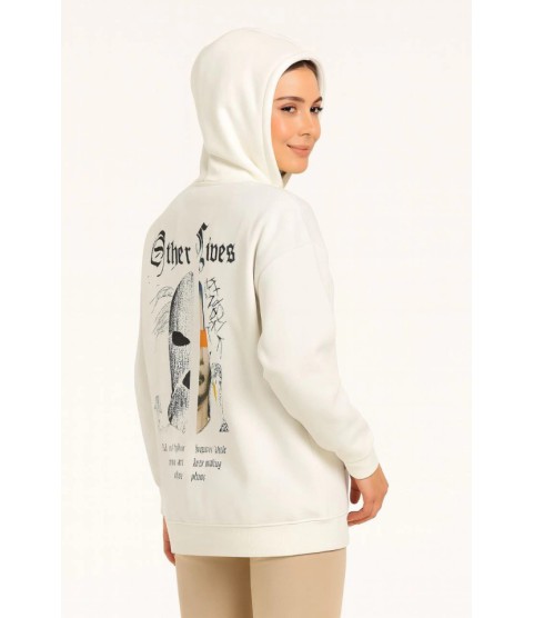 Oversize Üç İplik Şardonlu Kapüşonlu Sweatshirt – Beyaz “Other Lives” Ön Ve Arka Baskılı, Kanguru Cepli, Ribanalı Rahat Kışlık Model Beyaz