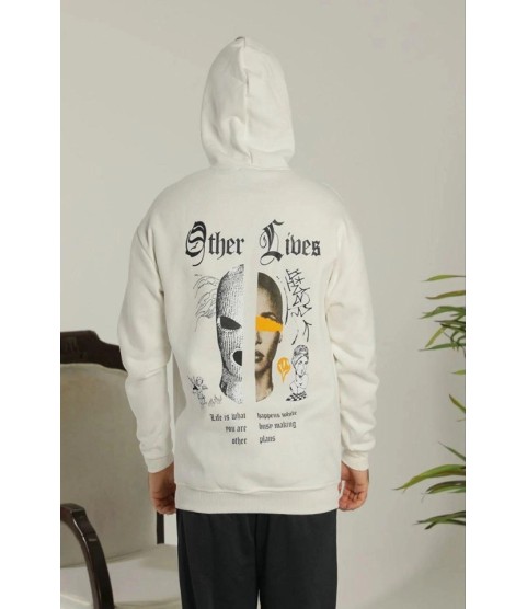Oversize Üç İplik Şardonlu Kapüşonlu Sweatshirt – Beyaz “Other Lives” Ön Ve Arka Baskılı, Kanguru Cepli, Ribanalı Rahat Kışlık Model Beyaz