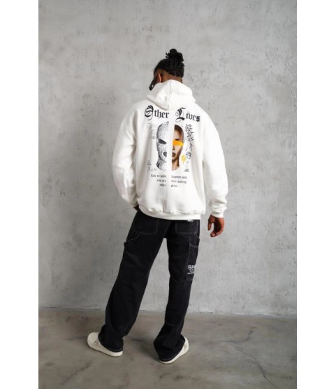 Oversize Üç İplik Şardonlu Kapüşonlu Sweatshirt – Beyaz “Other Lives” Ön Ve Arka Baskılı, Kanguru Cepli, Ribanalı Rahat Kışlık Model Beyaz Oversize Üç İplik Şardonlu Kapüşonlu Sweatshirt – Beyaz “Other Lives” Ön Ve Arka Baskılı, Kanguru Cepli, Ribanalı Rahat Kışlık Model Beyaz