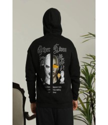Erkek Kapşonlu Sweatshirt – Oversize Üç İplik Şardonlu Hoodie, “Other Lives” Ön - Arka Baskılı, Kanguru Cepli, Kışlık Rahat Günlük Stil - Siyah