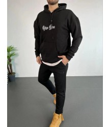 Erkek Kapşonlu Sweatshirt – Oversize Üç İplik Şardonlu Hoodie, “Other Lives” Ön - Arka Baskılı, Kanguru Cepli, Kışlık Rahat Günlük Stil - Siyah