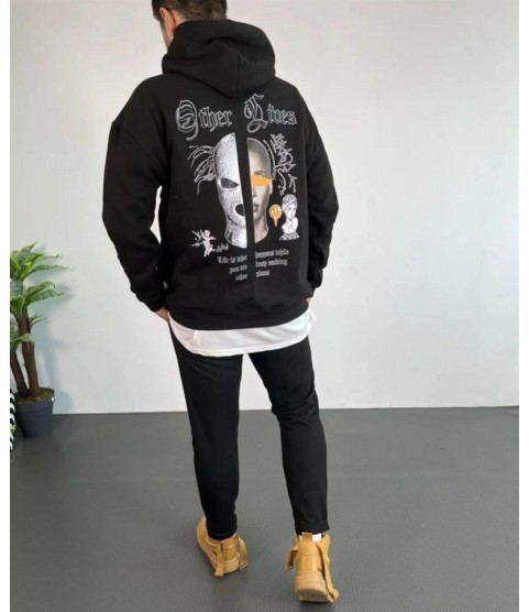 Erkek Kapşonlu Sweatshirt – Oversize Üç İplik Şardonlu Hoodie, “Other Lives” Ön - Arka Baskılı, Kanguru Cepli, Kışlık Rahat Günlük Stil - Siyah Erkek Kapşonlu Sweatshirt – Oversize Üç İplik Şardonlu Hoodie, “Other Lives” Ön - Arka Baskılı, Kanguru Cepli, Kışlık Rahat Günlük Stil - Siyah