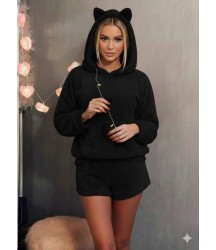 Kadın Uzun Kollu Kapşonlu Peluş Bluz Ve Kısa Short Ikili Takım