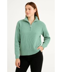 KADIN Yarım Fermuarlı Triko Kazak – Selanik Örgü, Dik Yaka, Pamuklu Dokuma, Oversize Uzun Kollu Kışlık Model - Mint Yeşili
