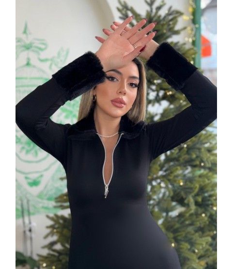 Kadın Uzun Kollu Kürk Yakalı Fermuarlı Kısa Viskon Iki Iplik Elbise