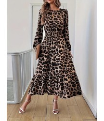 Uzun Kollu Bisiklet Yaka Leopar Desenli Midi Süprem Elbise