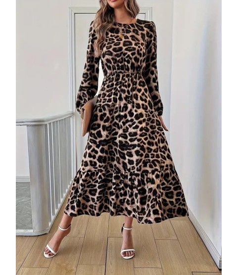 Uzun Kollu Bisiklet Yaka Leopar Desenli Midi Süprem Elbise Uzun Kollu Bisiklet Yaka Leopar Desenli Midi Süprem Elbise