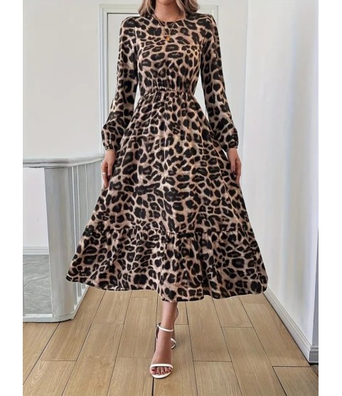 Uzun Kollu Bisiklet Yaka Leopar Desenli Midi Süprem Elbise Uzun Kollu Bisiklet Yaka Leopar Desenli Midi Süprem Elbise