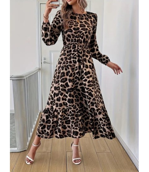 Uzun Kollu Bisiklet Yaka Leopar Desenli Midi Süprem Elbise Uzun Kollu Bisiklet Yaka Leopar Desenli Midi Süprem Elbise