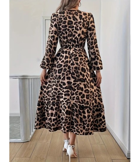 Uzun Kollu Bisiklet Yaka Leopar Desenli Midi Süprem Elbise Uzun Kollu Bisiklet Yaka Leopar Desenli Midi Süprem Elbise