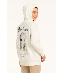 Kapşonlu Sweatshirt – Oversize Üç İplik Şardonlu Hoodie, “Other Lives” Ön - Arka Baskılı, Kanguru Cepli, Kışlık Rahat Günlük Stil - Beyaz