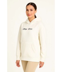 Kapşonlu Sweatshirt – Oversize Üç İplik Şardonlu Hoodie, “Other Lives” Ön - Arka Baskılı, Kanguru Cepli, Kışlık Rahat Günlük Stil - Beyaz