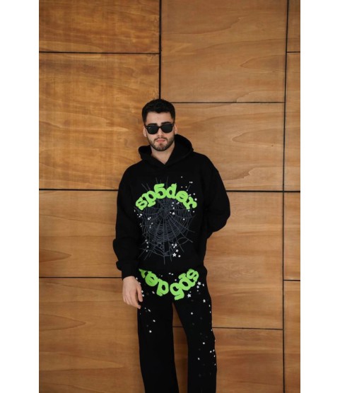 Erkek Kapüşonlu Eşofman Takım Örümcek Ağı Ve Neon Yeşil Baskılı Kanguru Cepli Oversize Rahat Kalıp, Premium Üç İplik Kumaş - Siyah Erkek Kapüşonlu Eşofman Takım Örümcek Ağı Ve Neon Yeşil Baskılı Kanguru Cepli Oversize Rahat Kalıp, Premium Üç İplik Kumaş - Siyah