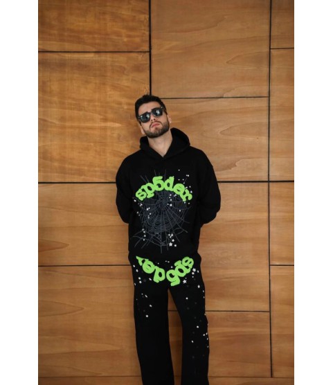 Erkek Kapüşonlu Eşofman Takım Örümcek Ağı Ve Neon Yeşil Baskılı Kanguru Cepli Oversize Rahat Kalıp, Premium Üç İplik Kumaş - Siyah Erkek Kapüşonlu Eşofman Takım Örümcek Ağı Ve Neon Yeşil Baskılı Kanguru Cepli Oversize Rahat Kalıp, Premium Üç İplik Kumaş - Siyah