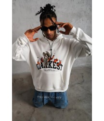Erkek Oversize Kapüşonlu Sweatshirt – Beyaz Renk Üç İplik İçi Pamuklu Kanguru Cepli Baskılı Hoodie Rahat Kalıp Kışlık Günlük Kombinlere Uygun - Beyaz