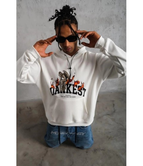 Erkek Oversize Kapüşonlu Sweatshirt – Beyaz Renk Üç İplik İçi Pamuklu Kanguru Cepli Baskılı Hoodie Rahat Kalıp Kışlık Günlük Kombinlere Uygun - Beyaz