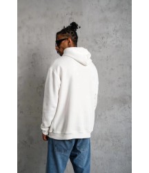 Erkek Oversize Kapüşonlu Sweatshirt – Beyaz Renk Üç İplik İçi Pamuklu Kanguru Cepli Baskılı Hoodie Rahat Kalıp Kışlık Günlük Kombinlere Uygun - Beyaz