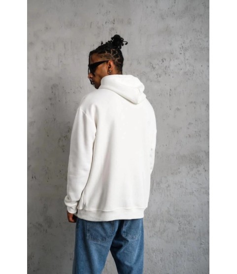 Erkek Oversize Kapüşonlu Sweatshirt – Beyaz Renk Üç İplik İçi Pamuklu Kanguru Cepli Baskılı Hoodie Rahat Kalıp Kışlık Günlük Kombinlere Uygun - Beyaz
