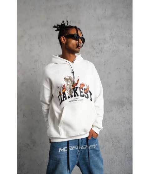 Erkek Oversize Kapüşonlu Sweatshirt – Beyaz Renk Üç İplik İçi Pamuklu Kanguru Cepli Baskılı Hoodie Rahat Kalıp Kışlık Günlük Kombinlere Uygun - Beyaz