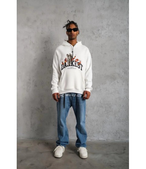 Erkek Oversize Kapüşonlu Sweatshirt – Beyaz Renk Üç İplik İçi Pamuklu Kanguru Cepli Baskılı Hoodie Rahat Kalıp Kışlık Günlük Kombinlere Uygun - Beyaz