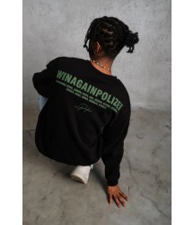 Erkek Oversize Sweatshirt – Siyah Renk  Ön Ve Sırt Baskılı, Üç İplik İçi Pamuklu Kumaş, Rahat Kalıp, Ribanalı Kışlık Sweat  Winagain Polizei Serisi - Siyah